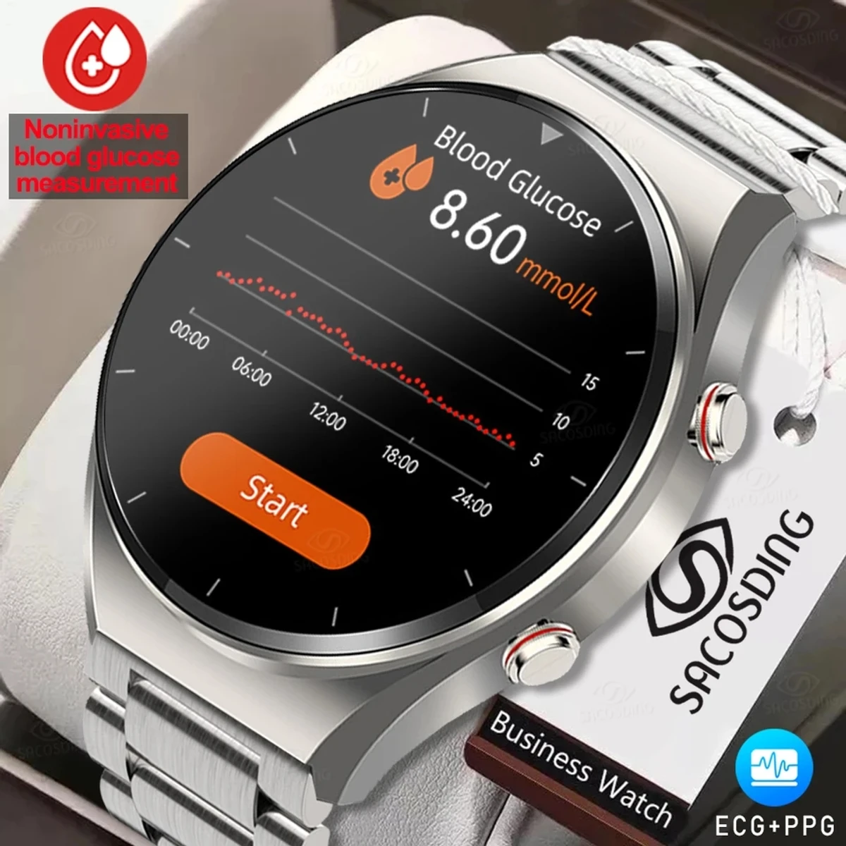 ECG+PPG Noninvasive Blood Sugar HRV Smart Watch Men Heart Rate Blood Oxygen Health Smartwatch  Waterproof Sports Watch