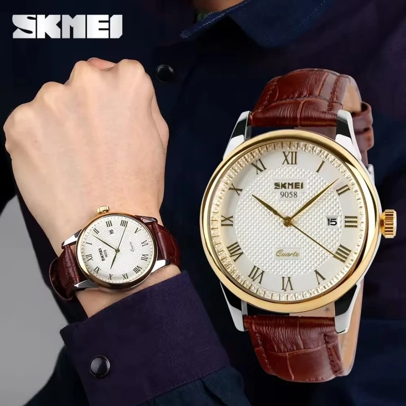 SKMEI 9058 Brand Lovers Quartz Watch Love Witness Time Watches Men Fashion Casual Leather Strap Waterproof Wristwatches