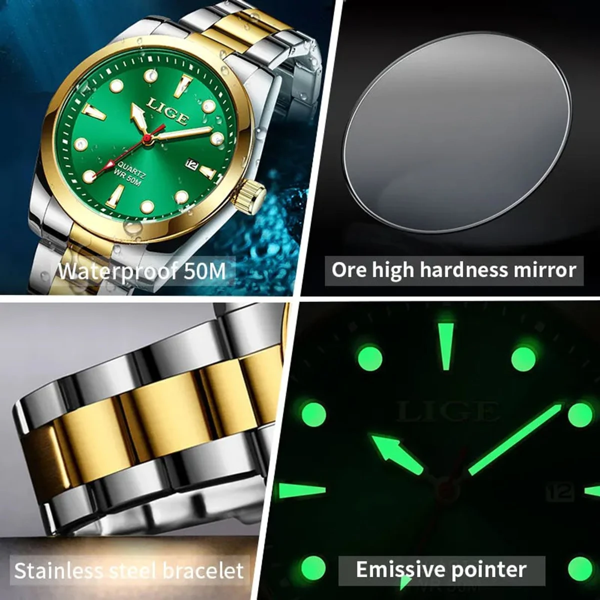 LIGE Top Brand Luxury Watch Men 50M Luminous Waterproof Watch Green Stainless Steel Sport Mens Watches Date Quartz Clock - Image 4