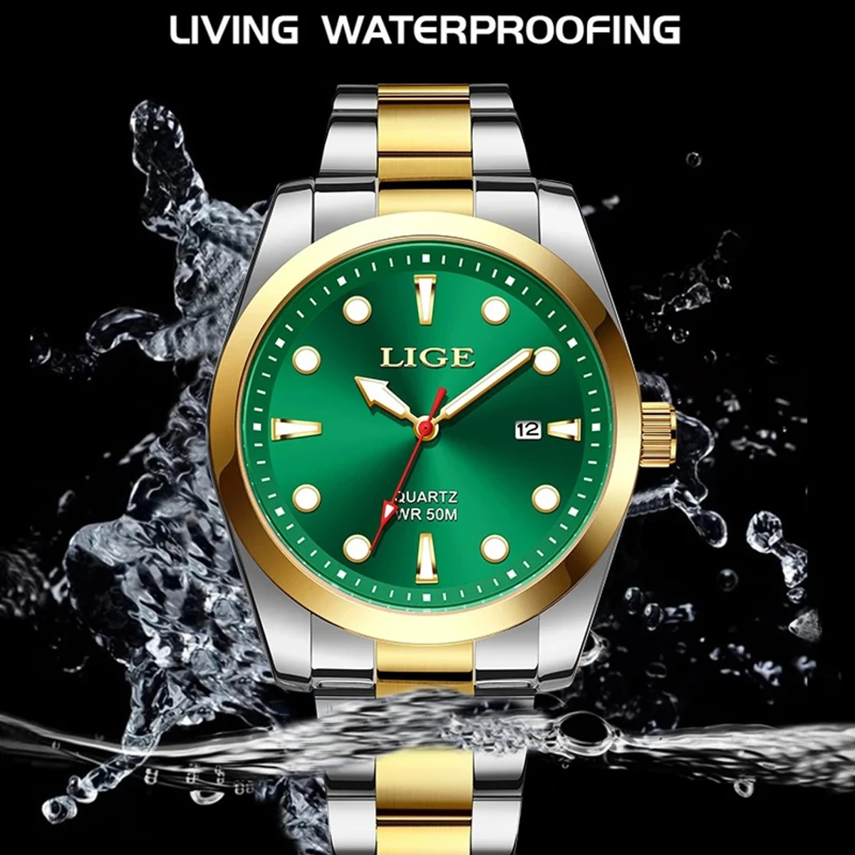 LIGE Top Brand Luxury Watch Men 50M Luminous Waterproof Watch Green Stainless Steel Sport Mens Watches Date Quartz Clock