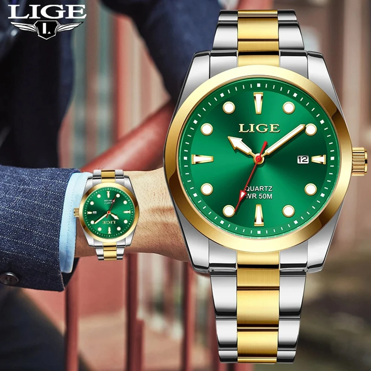 LIGE Top Brand Luxury Watch Men 50M Luminous Waterproof Watch Green Stainless Steel Sport Mens Watches Date Quartz Clock