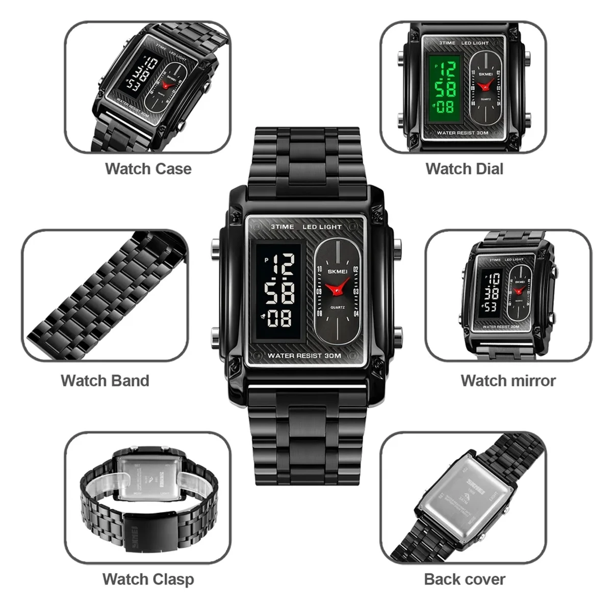 SKMEI 1868 Rectangular Men Watch Alarm Clock Calendar Men's Watches Pointer Waterproof Electronic Wristwatch Reloj Masculio 1888 - Image 4