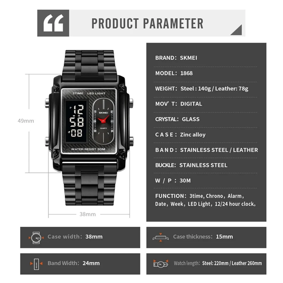 SKMEI 1868 Rectangular Men Watch Alarm Clock Calendar Men's Watches Pointer Waterproof Electronic Wristwatch Reloj Masculio 1888 - Image 6