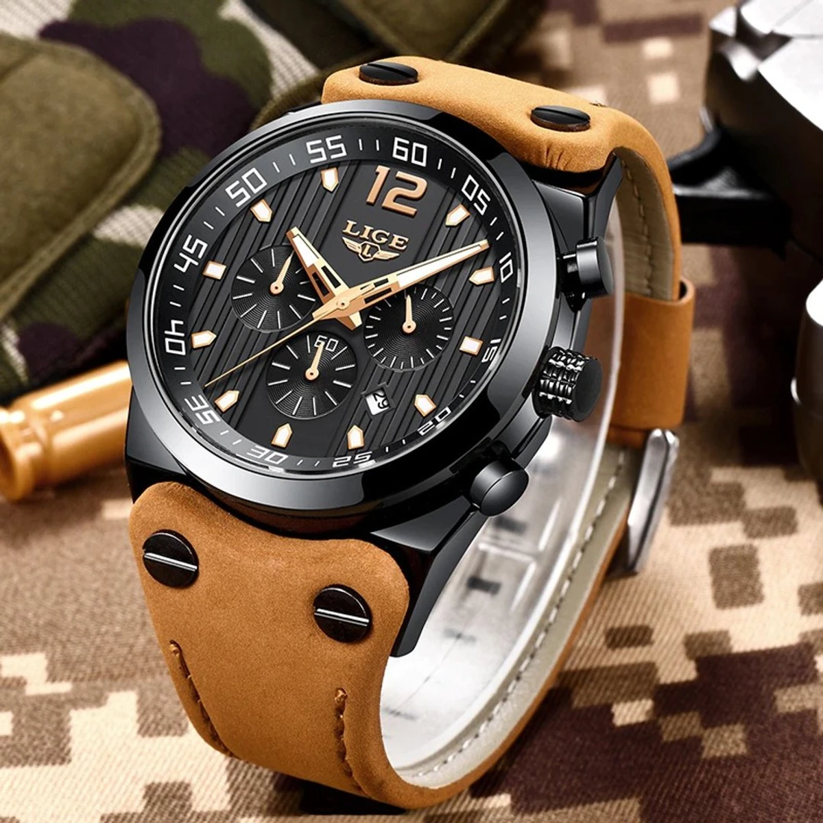 Lige Leather Men's Waterproof All Functions Active Wristwatch