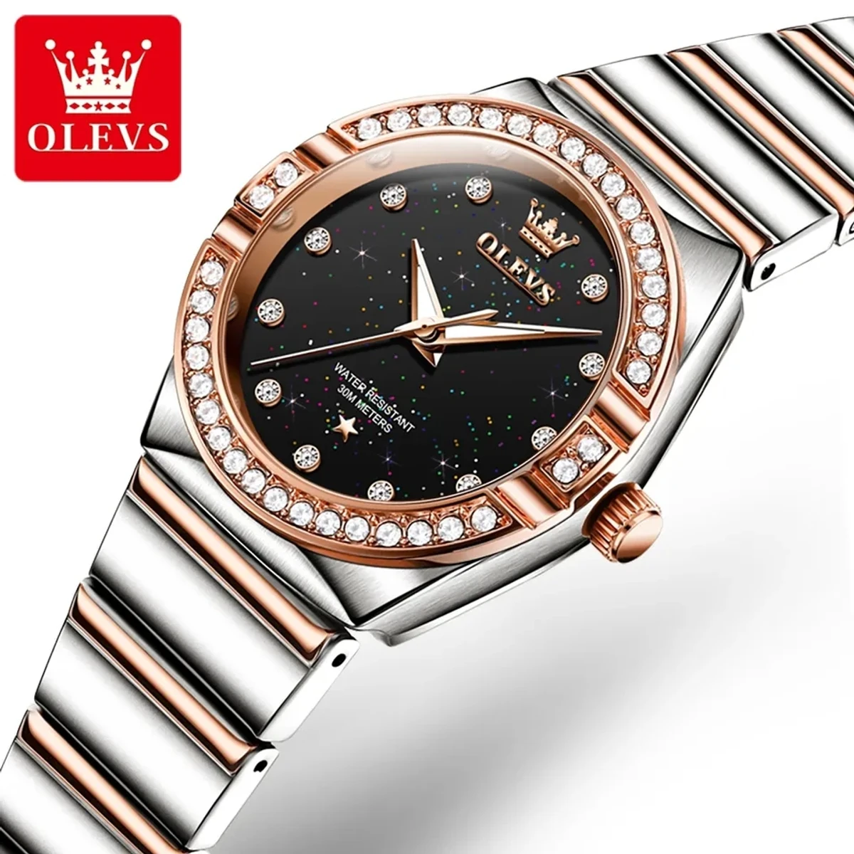 OLEVS Quartz Watch for Women Luxury Stainless Steel Starry Sky Diamond Dial Waterproof Luminous Ladies Wristwatches Gift Box Set