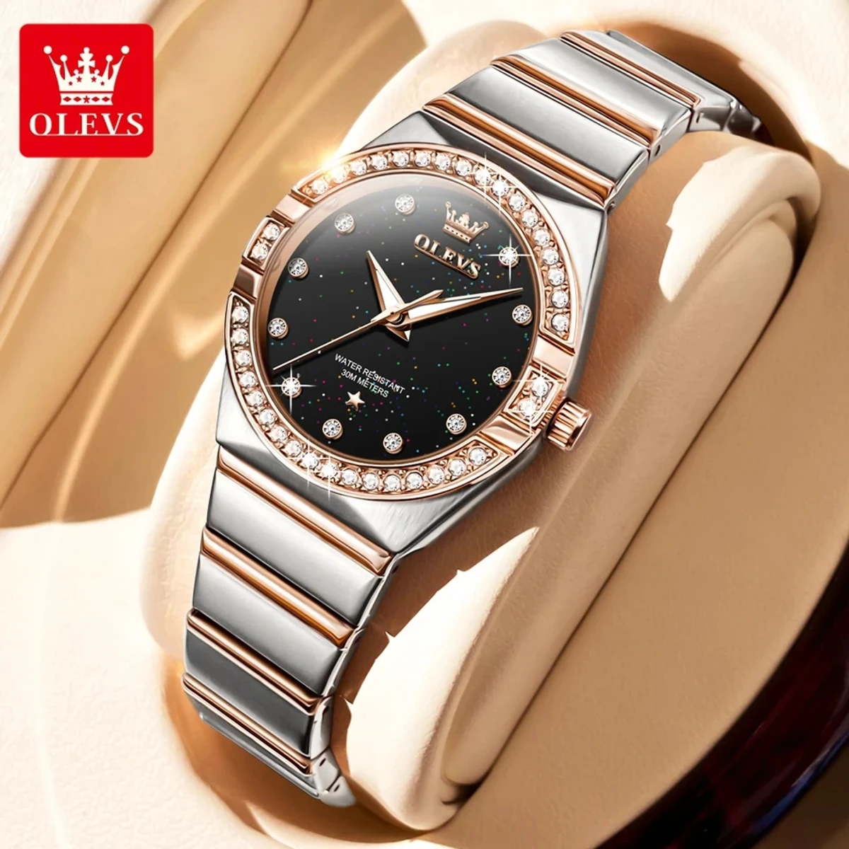 OLEVS Quartz Watch for Women Luxury Stainless Steel Starry Sky Diamond Dial Waterproof Luminous Ladies Wristwatches Gift Box Set