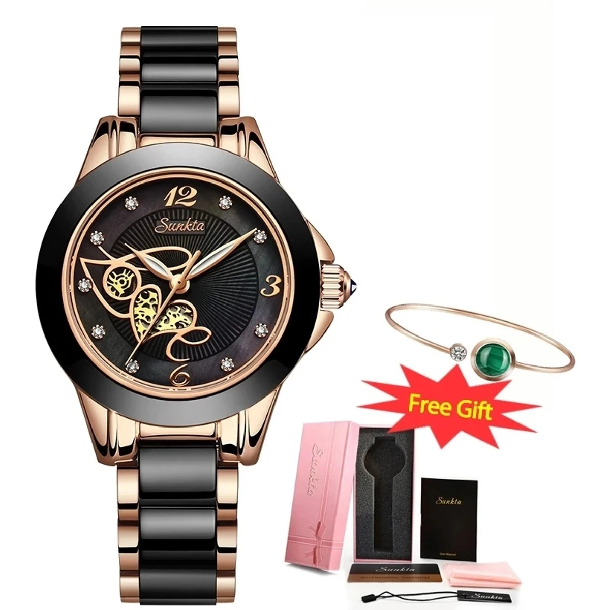 SUNKTA Brand Luxury Women Watches Black Ceramic Diamond Ladies Watch Waterproof Quartz Wristwatch Relogios Femininos Clock Gift