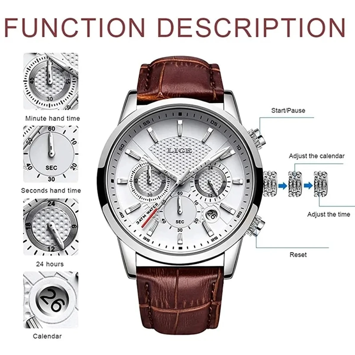 Watches Mens New LIGE Top Brand Luxury Casual Leather Quartz Men's Watch Business Clock Male Sports Waterproof Date Chronograph - Image 3