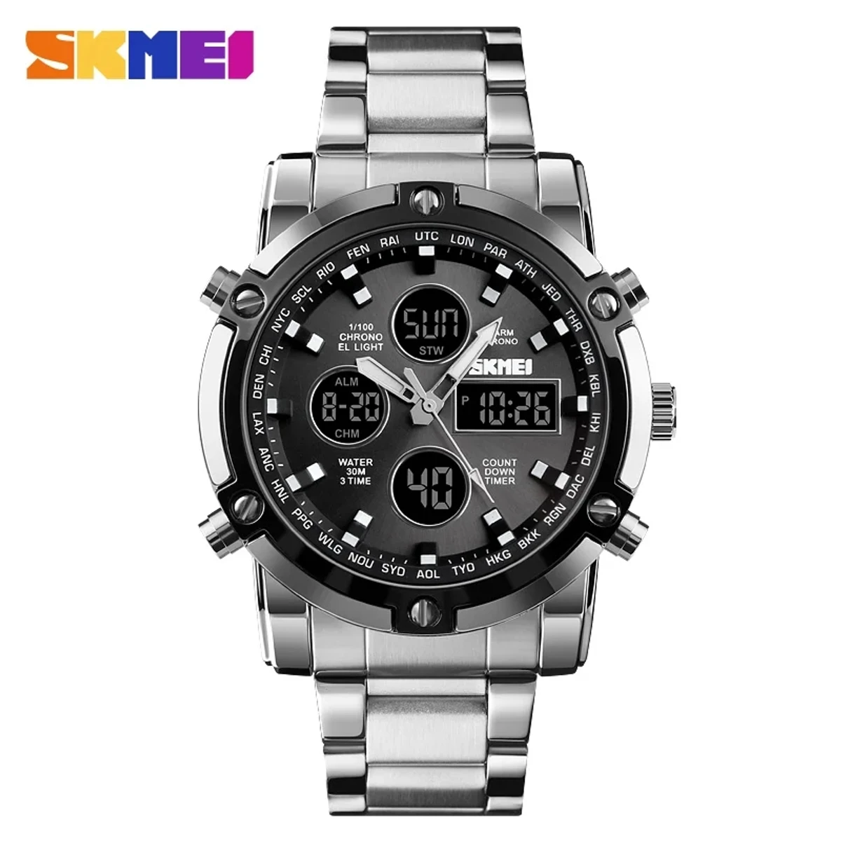 Skmei Countdown Steel Strap Wristwatch Clock Relogio Masculino Digital Quartz Watch Men Three Time Quartz Wrist Mens Watch 1389