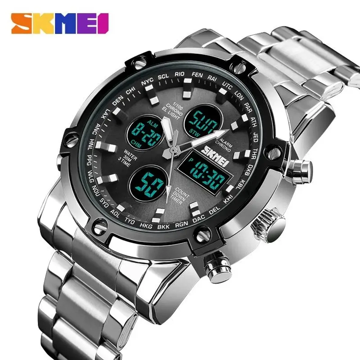 Skmei Countdown Steel Strap Wristwatch Clock Relogio Masculino Digital Quartz Watch Men Three Time Quartz Wrist Mens Watch 1389