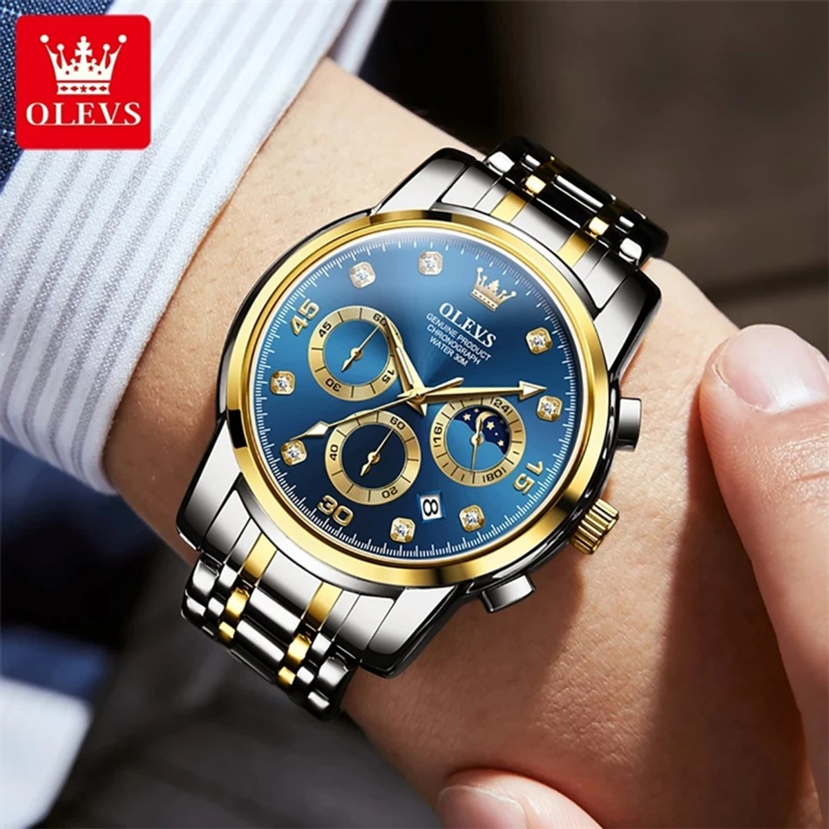 OLEVS Multifunction Quartz Watch for Men Stainless Steel Waterproof Luminous Chronograph Moon Phase Date Watch Relogio Masculino