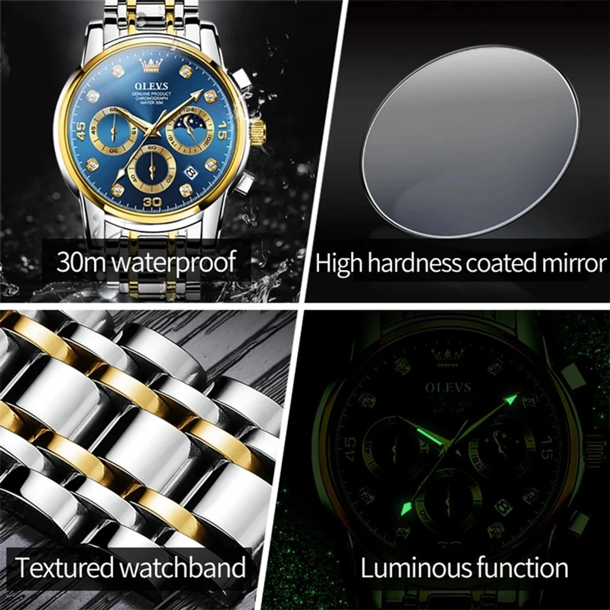 OLEVS Multifunction Quartz Watch for Men Stainless Steel Waterproof Luminous Chronograph Moon Phase Date Watch Relogio Masculino - Image 4