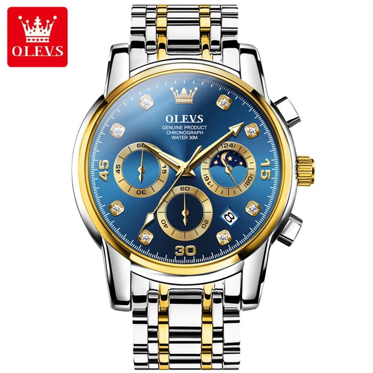 OLEVS Multifunction Quartz Watch for Men Stainless Steel Waterproof Luminous Chronograph Moon Phase Date Watch Relogio Masculino - Image 5