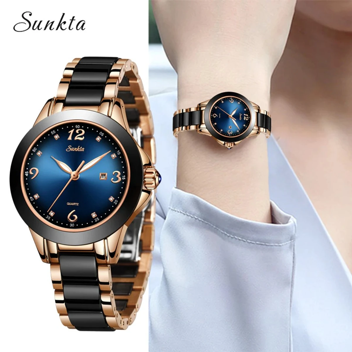 SUNKTA Fashion Women Watches Ladies Top Brand Luxury Ceramic Rhinestone Sport Quartz Watch Women Blue Waterproof Bracelet Watch