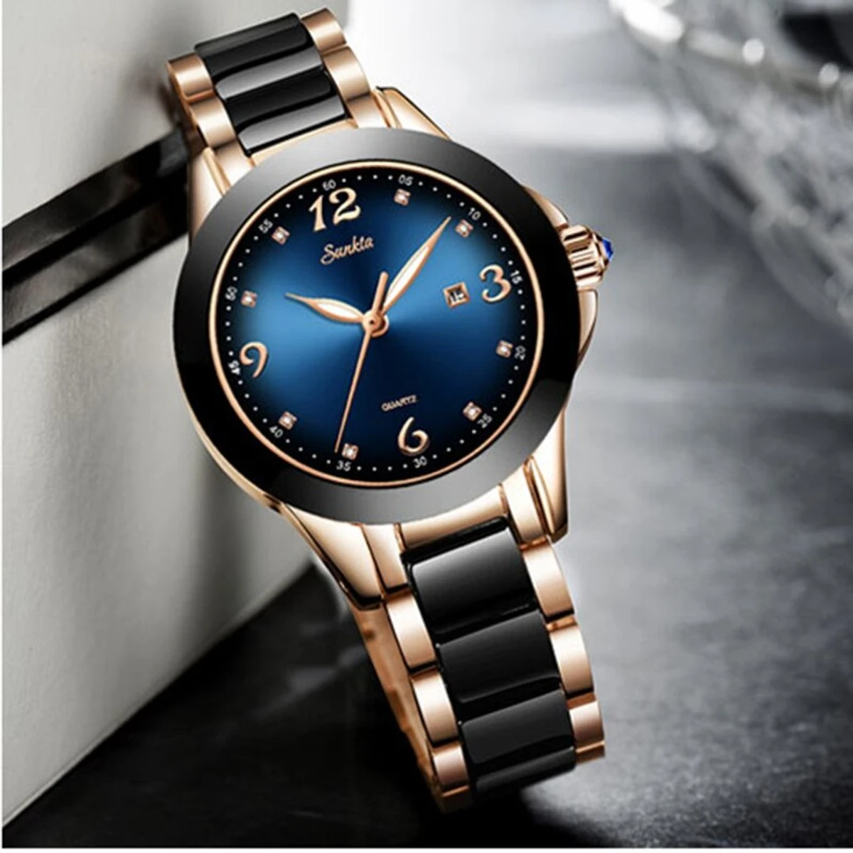 SUNKTA Fashion Women Watches Ladies Top Brand Luxury Ceramic Rhinestone Sport Quartz Watch Women Blue Waterproof Bracelet Watch - Image 3