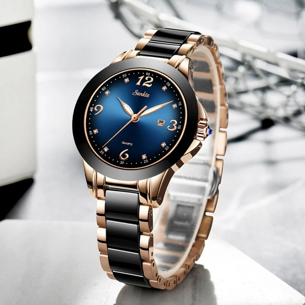 SUNKTA Fashion Women Watches Ladies Top Brand Luxury Ceramic Rhinestone Sport Quartz Watch Women Blue Waterproof Bracelet Watch - Image 4