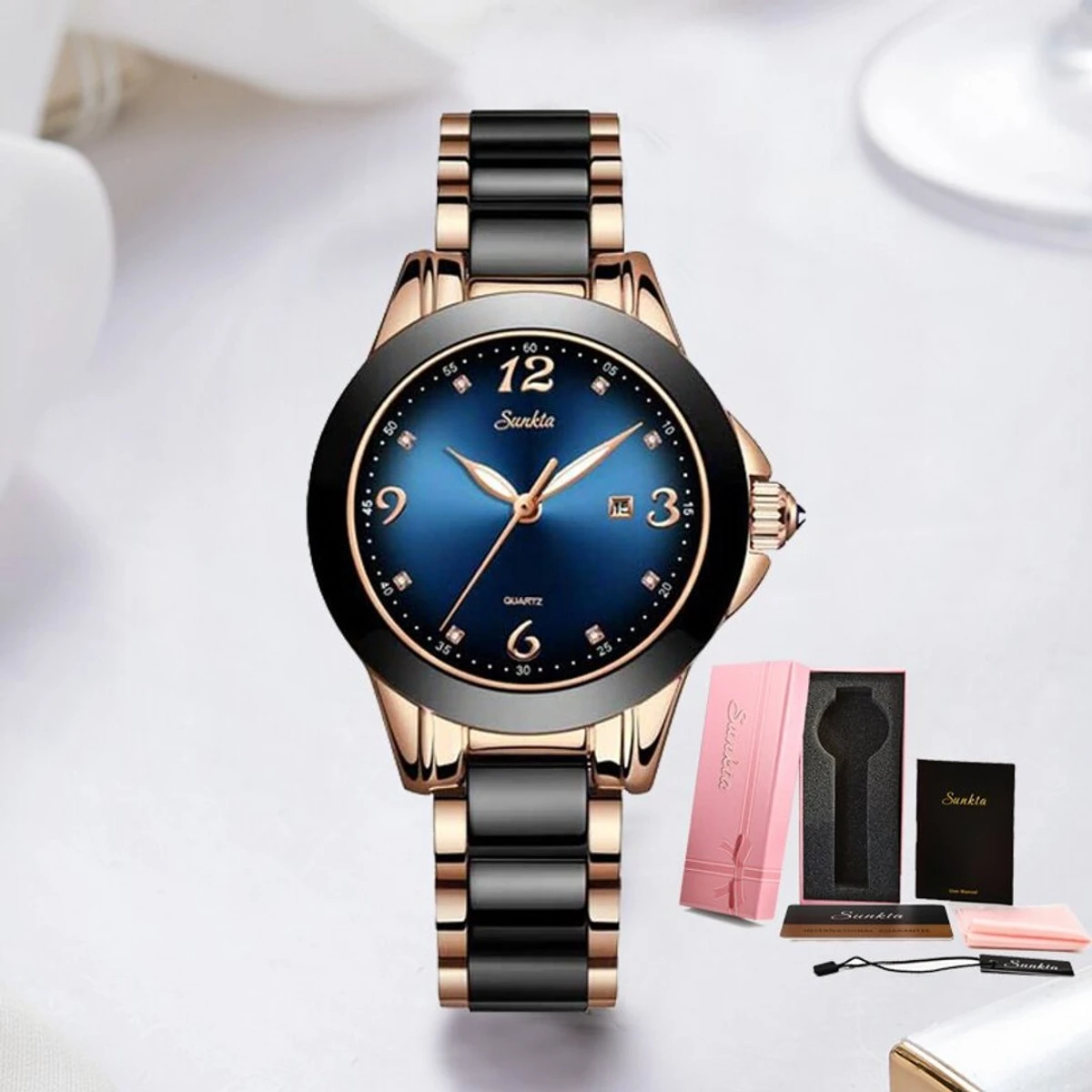 SUNKTA Fashion Women Watches Ladies Top Brand Luxury Ceramic Rhinestone Sport Quartz Watch Women Blue Waterproof Bracelet Watch - Image 5