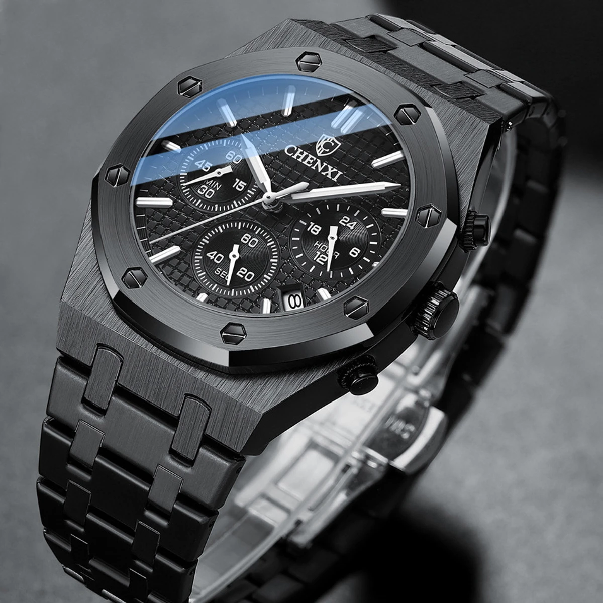 Chronograph Men Watches Stainless Steel Silver Waterproof Watch For Male Multi Function Calendar Brand Business Clock