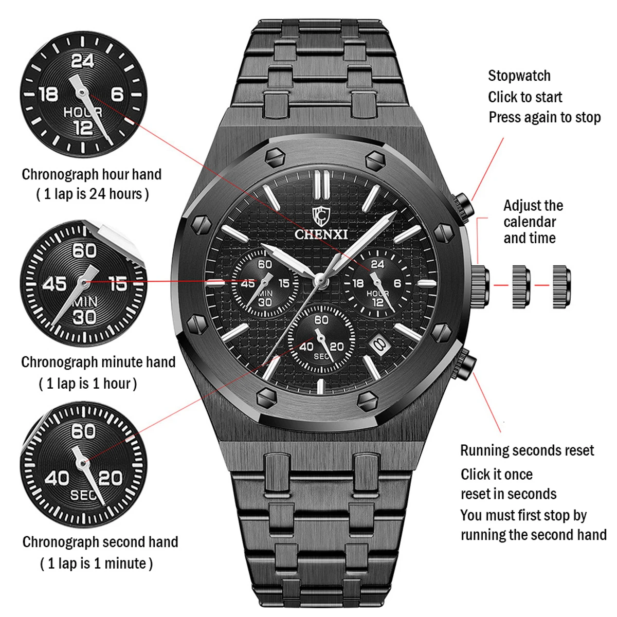 Chronograph Men Watches Stainless Steel Silver Waterproof Watch For Male Multi Function Calendar Brand Business Clock - Image 4