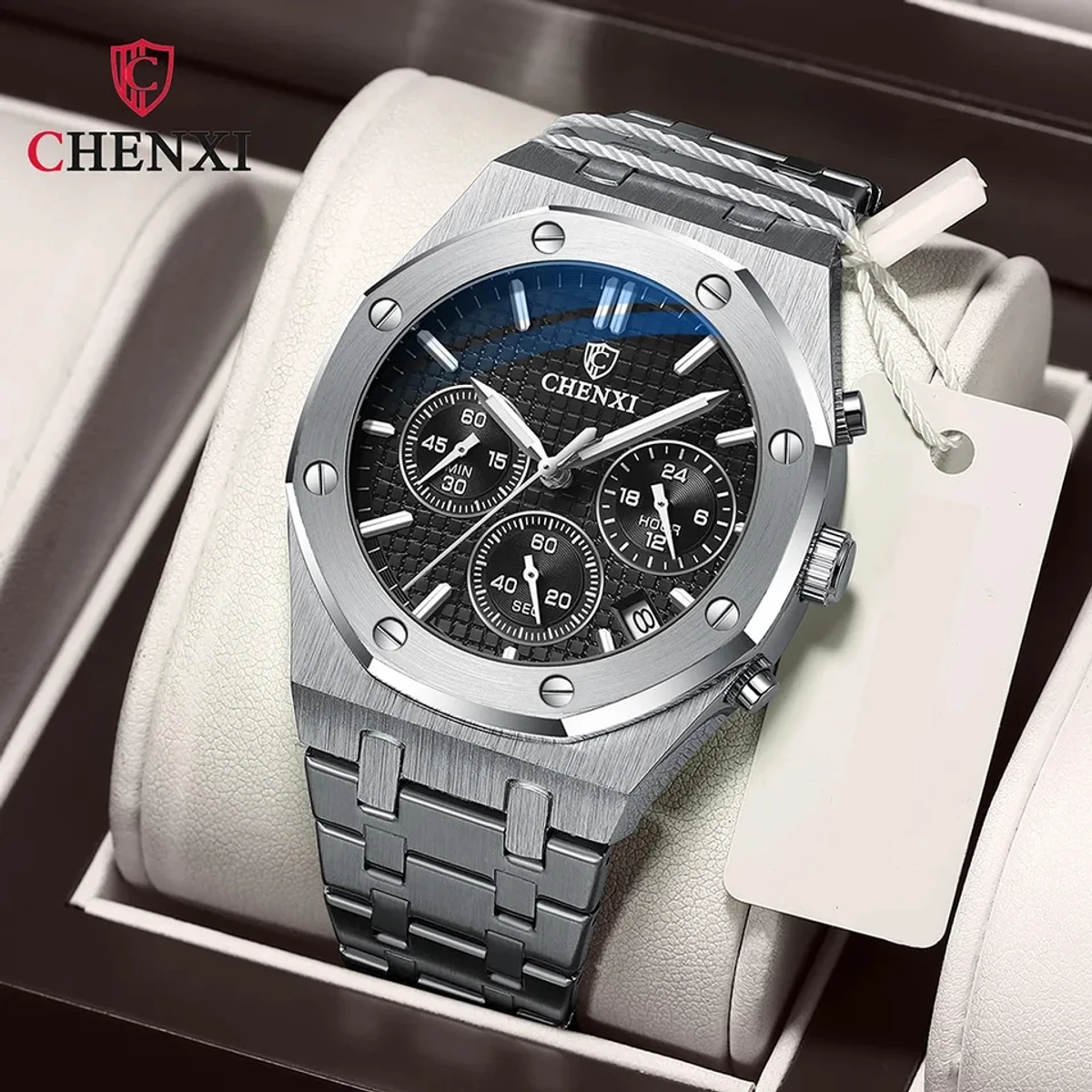 Chronograph Men Watches Stainless Steel Silver Waterproof Watch For Male Multi Function Calendar Brand Business Clock