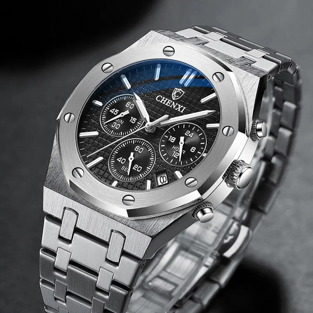 Chronograph Men Watches Stainless Steel Silver Waterproof Watch For Male Multi Function Calendar Brand Business Clock