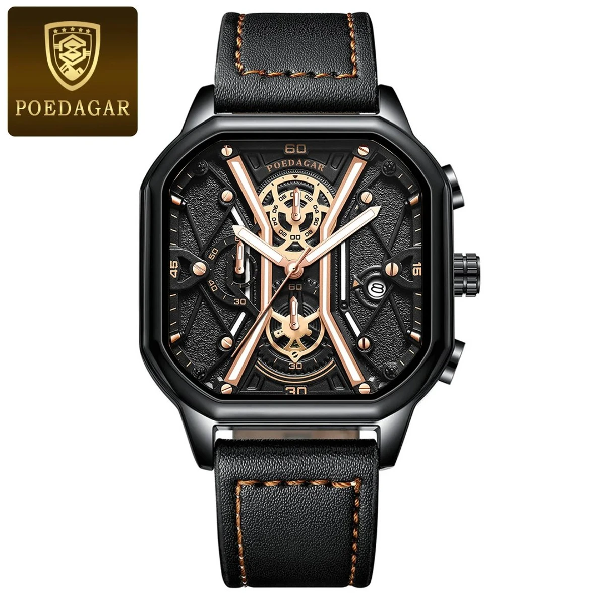 POEDAGAR Fashion Men Wristwatches Luxury Chronograph Luminous Waterproof Date Man Watch Square Dial Leather Quartz Men's Watches - Image 4