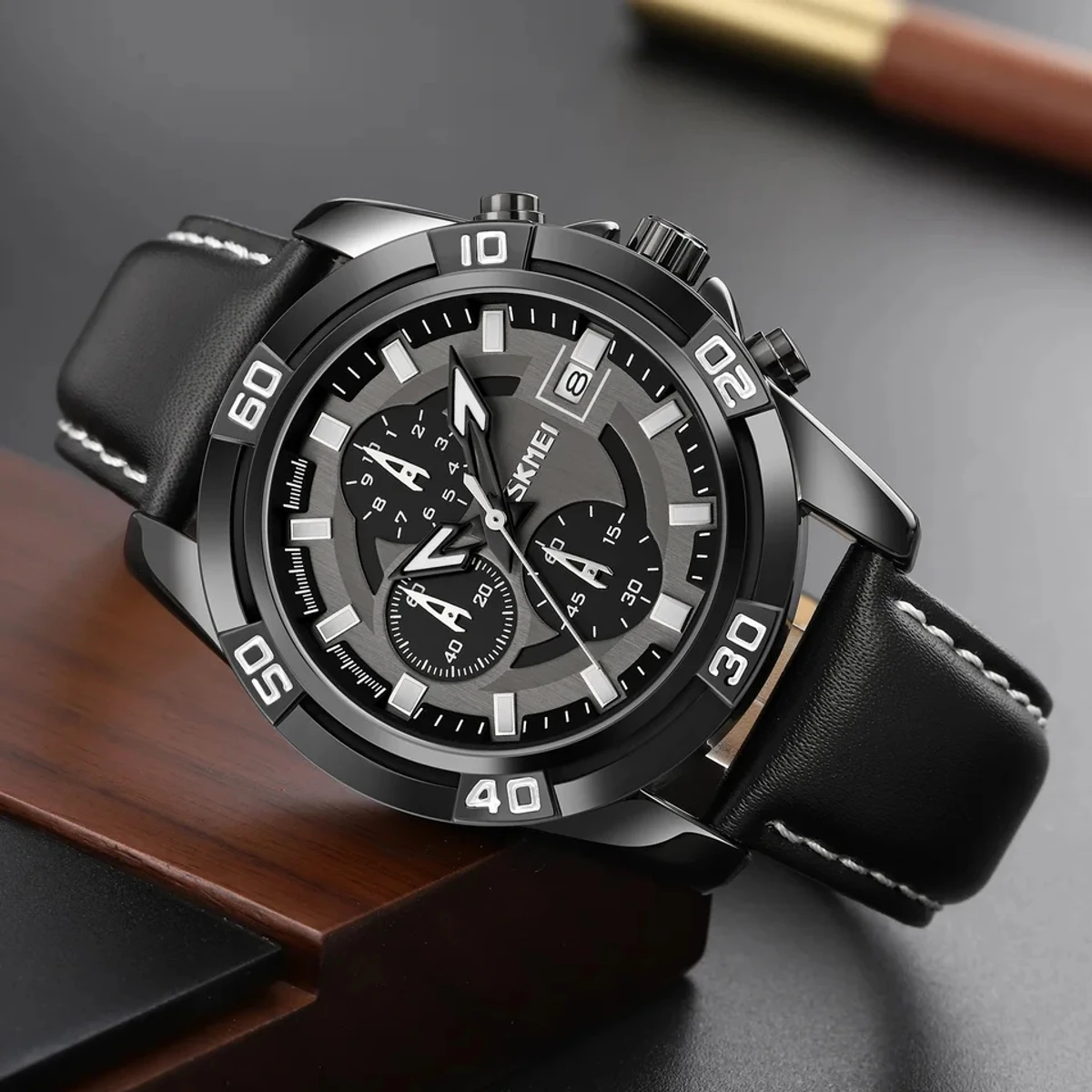 SKMEI 9156 Black Fashion Watch For Men Leather Top Luxury Military Quartz Wristwatches 30M Waterproof