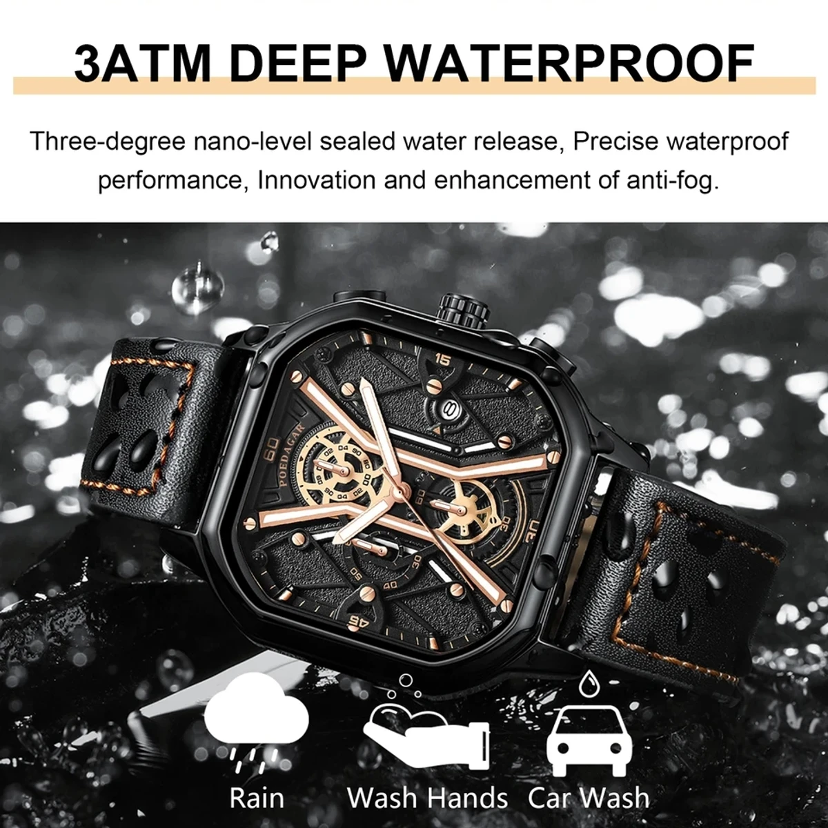 POEDAGAR 922 Fashion Men Wristwatches Luxury Chronograph Luminous Waterproof Date Man Watch Square Dial Leather Quartz Men's Watches