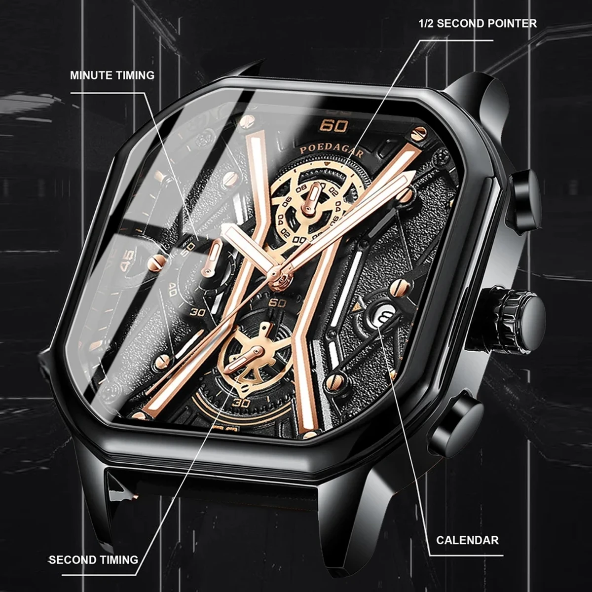 POEDAGAR 922 Fashion Men Wristwatches Luxury Chronograph Luminous Waterproof Date Man Watch Square Dial Leather Quartz Men's Watches