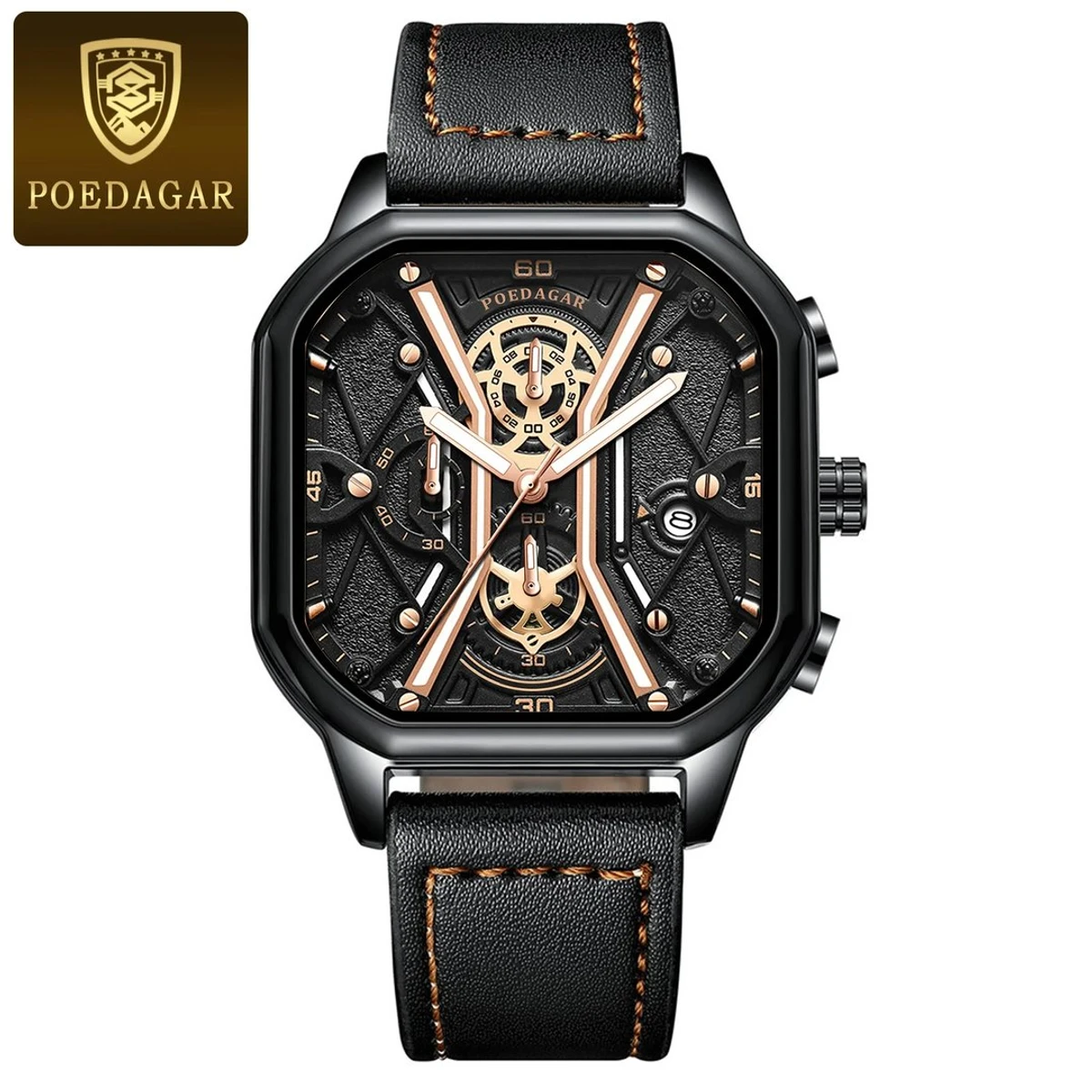 POEDAGAR 922 Fashion Men Wristwatches Luxury Chronograph Luminous Waterproof Date Man Watch Square Dial Leather Quartz Men's Watches