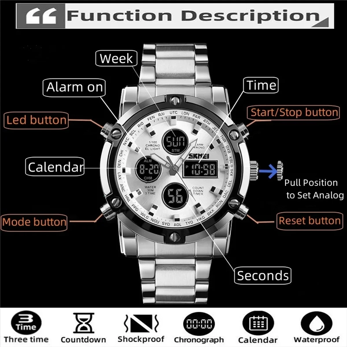 SKMEI 1389 Watch 2 Times, Chronograph, Alarm, Date, Week, LED Light, 12/24 Hour Clock, Countdown